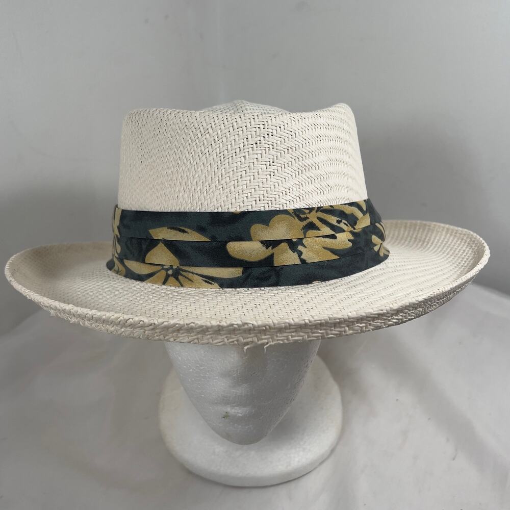 Panama Jack Cream Gambler Hat Tropical Band Toyo Straw Material 22" Round w/ Tag